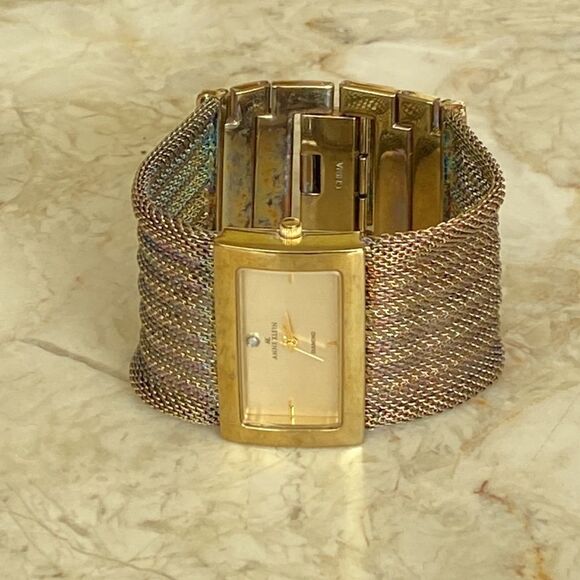 Anne Klein Wide Mesh Band Gold Tone Diamond Stainless Steel Watch - Picture 4 of 11